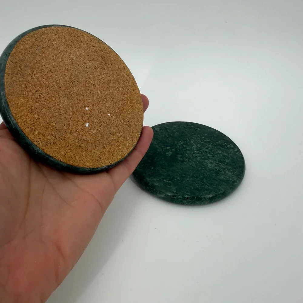 Green Marble Coasters with Cork Backing Set of 2 Dark Forest Stone Round 4 inch